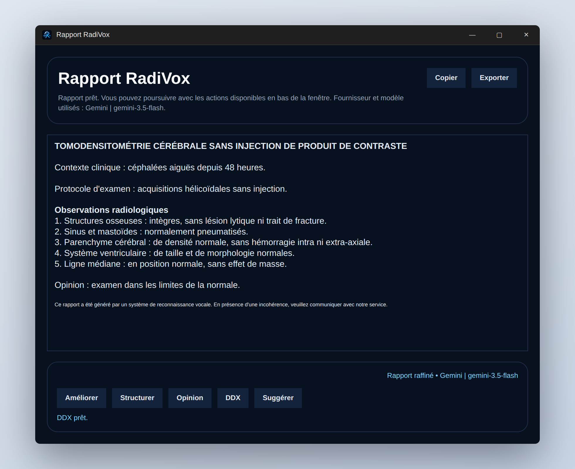 Rapport radiologique prêt à réviser dans RadiVox